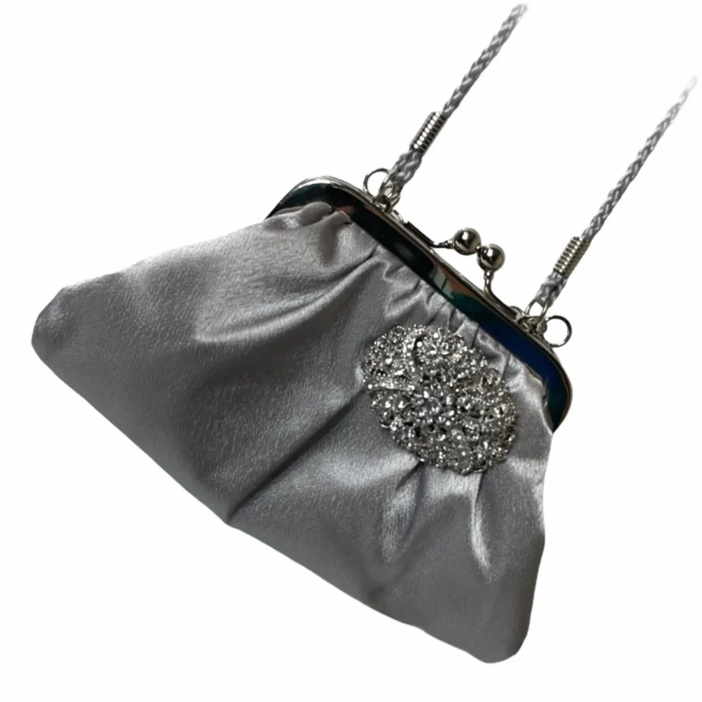 Vintage Purse Silver Rhinestone Jewel Embellished Button Silver Chain Handle Y2K